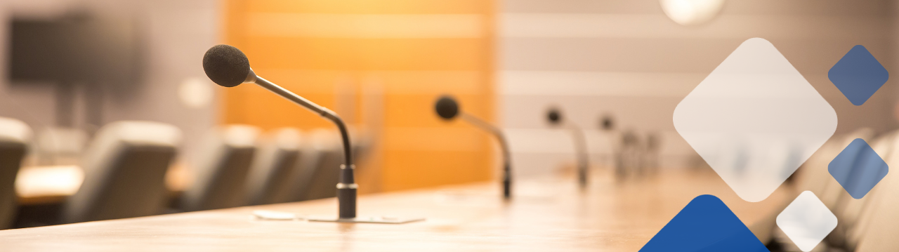 Close up photo of conference microphones